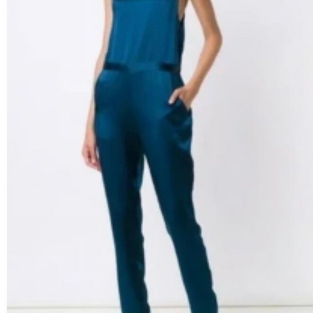 Fleur Du Mal Silk Teal Blue High Square Neck Cinched Tapered Leg Jumpsuit Medium